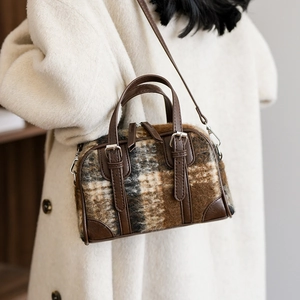 Brown plaid tweed Boston handbag with crossbody strap and faux leather details