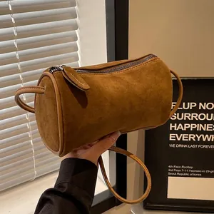 Women Minimalist Cylinder Crossbody Bag Frosted Suede Small Boston Bag Vintage Shoulder Bag Winter Fashion Casual Daily Bag
