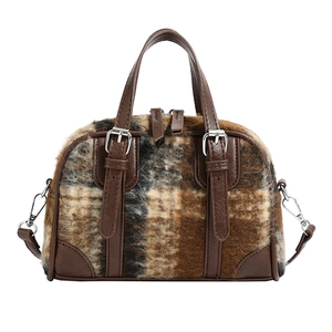 Classic plaid faux fur Boston bag with dark brown leather handles and silver hardware
