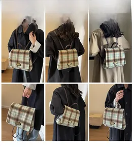 Detailed views of vintage plaid backpack showing dual shoulder and handheld carrying modes