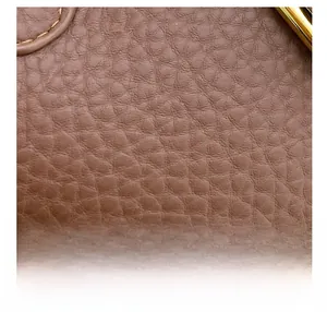 Detailed close-up of premium taupe pebbled leather texture with golden metal hardware