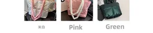Detailansicht gesteppter Nylon-Einkaufstaschen in Beige, Rosa und dunklem Grün