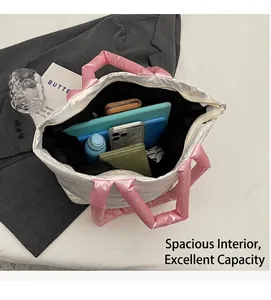 Spacious interior of white quilted tote bag holding a tablet, phone, and water bottle