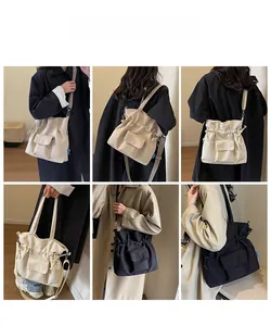 Collage of canvas bucket bags in cream and black showing crossbody and shoulder wear