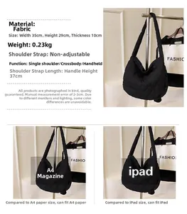 Detailed spec view of black quilted tote bag showing dimensions and capacity for A4 and iPad