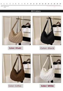 Quilted crescent bags in four colors with wide shoulder straps and scale reference