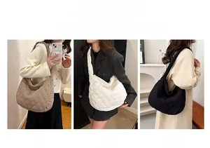 Detailed quilted heart pattern on large tote bag shown in khaki, white and black colors