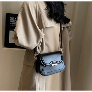 Classic black saddle bag with vintage gold clasp worn with a beige trench coat