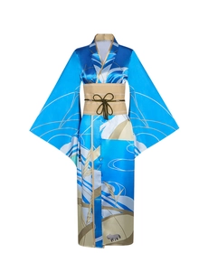 Detail view of sky blue satin kimono featuring golden wave patterns and a wide gold obi belt
