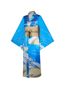 Detail of blue anime cosplay kimono with golden embroidery and traditional obi belt