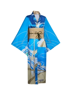 Detail of blue Japanese kimono with traditional cloud patterns and silk satin texture