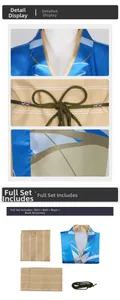Detailed components of blue and gold cosplay outfit featuring skirt, belt and accessories