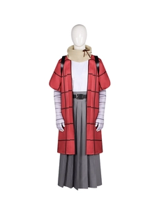 Detailed view of the red plaid haori and grey hakama trousers for cosplay costume