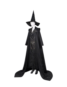 Detailed view of Elphaba witch costume with gold stripes and a long cape