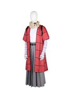 Detail view of cosplay costume set with red checkered haori and striped arm warmers