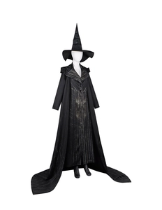 Detailed close-up of Elphaba black witch costume with textured stripes and pointed hat
