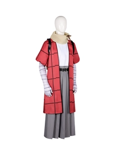 Detailed side view of Kihachi and Inako anime cosplay costume set with red checkered cloak