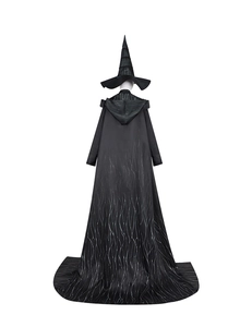 Macro detail of the witch costume showing back view of long black cape with branch patterns