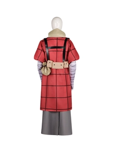 Detail view of cosplay outfit featuring red plaid coat with purple striped sleeves and tactical belts
