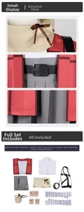 Detailed view of anime cosplay costume including red striped jacket and accessories