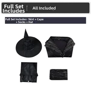 Flat lay of the Wicked Witch costume set including hat, dress, cape and socks