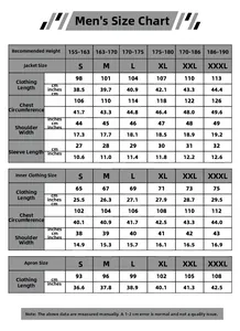Detailed size chart for anime cosplay costume including jacket, shirt, and apron measurements