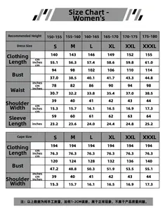 Detailed size chart for Elphaba Wicked Witch cosplay costume including dress and cape
