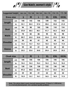 Size chart for Elphaba Wicked witch cosplay costume dress and cloak measurements