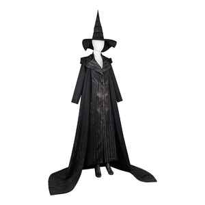 Evil witch cosplay costume featuring a black striped long-sleeved robe and pointed hat