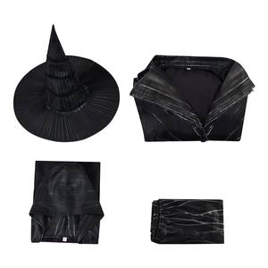 Black witch cosplay costume set with grey wavy patterns and pointed wizard hat