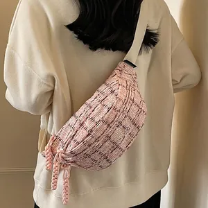 Women Large Capacity Tweed Plaid Chest Bag Fashion Crossbody Waist Bag With Adjustable Strap Casual Travel Fanny Pack