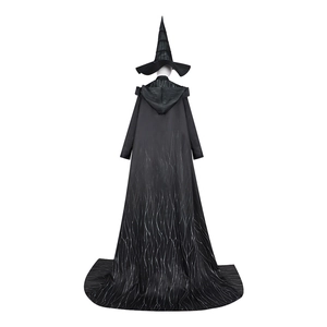 Black Wicked Witch cosplay costume set with pointed hat and tree branch pattern cape