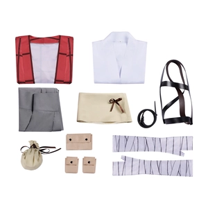 Anime cosplay costume set featuring red plaid robe and detailed accessory pouches