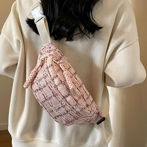 Pink tweed crossbody sling bag with large capacity and woven texture for women