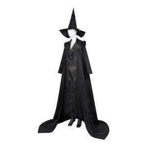 Gothic black witch cosplay costume with pointed hat and silver striped long jacket