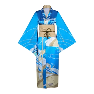 Blue Japanese kimono cosplay outfit with white cloud patterns and gold wheat motifs