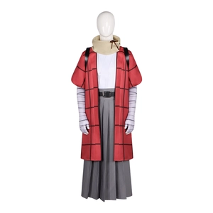 Anime cosplay costume set with red plaid robe, white shirt, grey pleated skirt and scarf