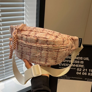 Pink and white tweed crossbody chest bag with adjustable strap for women