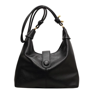 Minimalist black leather Hobo tote bag with knotted rope strap and gold metal accents