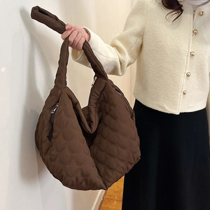 Brown quilted tote bag with fish scale pattern and large capacity for daily commuting