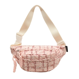 Pink and white tweed crossbody chest bag for women with adjustable strap and dual zippers