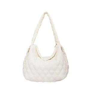 Off-white quilted canvas hobo bag with teardrop stitching and wide shoulder strap