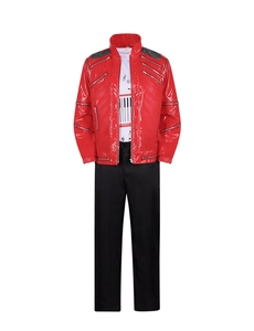 Detailed set of Michael Jackson costume including red multi-zipper jacket and printed tee