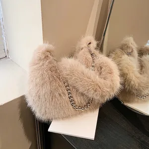 Sac À Épaule En Fausse Fourrure Pour Femmes Avec Chaîne À Billes Sac Seau Hobo En Peluche Doux Pour L'hiver