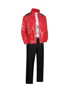 Detail of red faux leather jacket with metal zippers for Michael Jackson Beat It cosplay