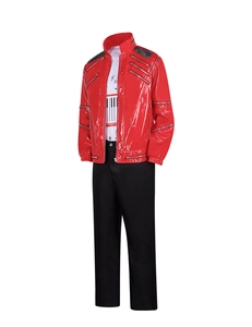 Detailed view of MJ style red leather jacket with silver zippers and white piano tee