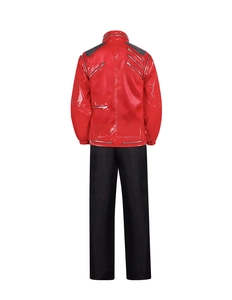Detailed back view of red MJ Beat It leather jacket with silver zippers and black sequins