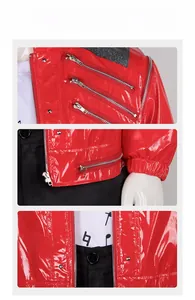Close-up of Michael Jackson style red faux leather jacket with metal zippers