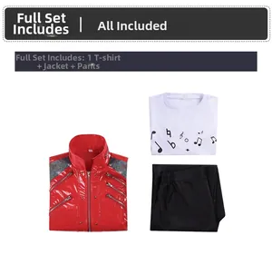 Detail view of Michael Jackson style red leather stage jacket with white t-shirt and pants