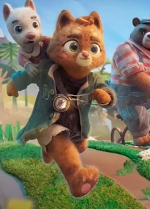 Detailed 3D CG render of orange cat wearing green utility jacket and compass pendant
